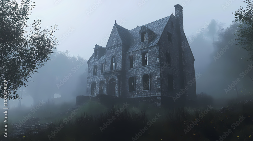 A large, abandoned, stone manor with a gothic architecture style sits alone in a misty forest. Dark Gothic Manor. Illustration A large, abandoned, stone manor with a gothic architecture style sits alone in a misty forest. Dark Gothic Manor. Illustration
