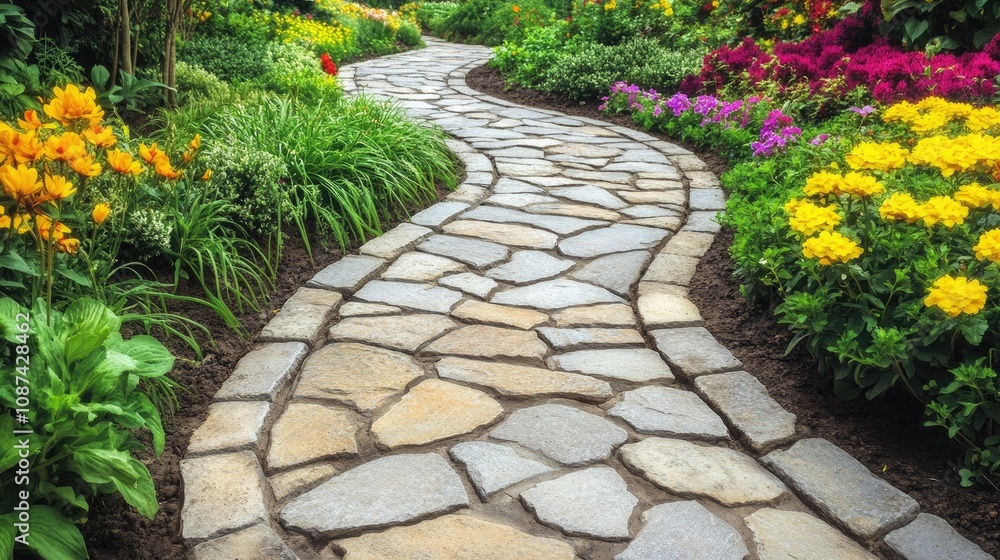 Serene Meandering Stone Pathway Through Lush Garden Serene Meandering Stone Pathway Through Lush Garden