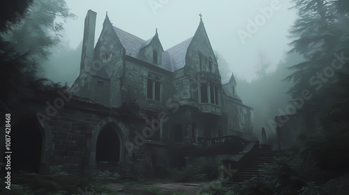 A large, abandoned, stone manor with a gothic architecture style sits alone in a misty forest. Dark Gothic Manor. Illustration