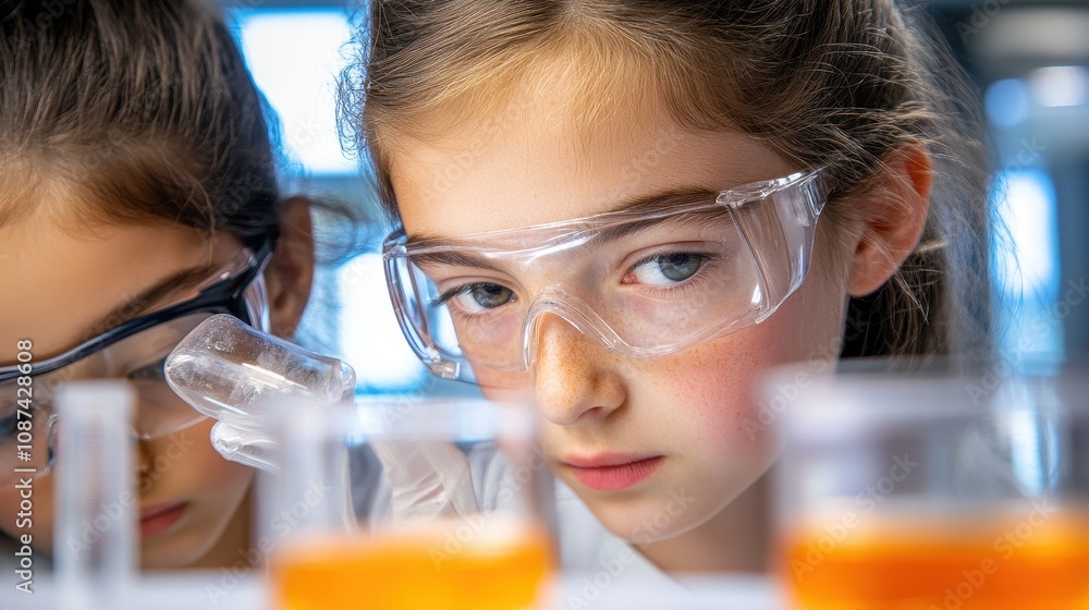Young Girls Engaged in Science Experimentation with Beakers and Colorful Liquids in Laboratory Setting Focused on Learning and Discovery Young Girls Engaged in Science Experimentation with Beakers and Colorful Liquids in Laboratory Setting Focused on Learning and Discovery