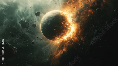 Asteroid collides with planet in a cosmic explosion during a dark and mysterious space setting. Generative AI photo