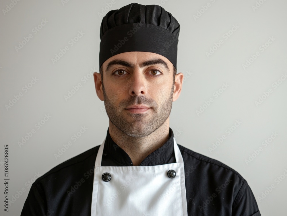 Portrait of a chef, wearing a professional chef’s uniform and hat, minimal makeup, serious but confident expression, white background Portrait of a chef, wearing a professional chef’s uniform and hat, minimal makeup, serious but confident expression, white background