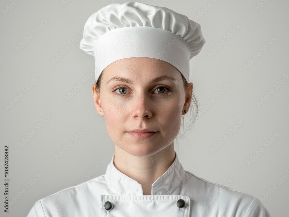 Portrait of a chef, wearing a professional chef’s uniform and hat, minimal makeup, serious but confident expression, white background Portrait of a chef, wearing a professional chef’s uniform and hat, minimal makeup, serious but confident expression, white background