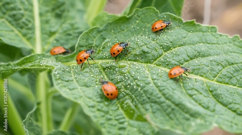 Ladybugs and other beneficial insects resting on green crop leaves demonstrating natural pest control methods and promoting ecological balance in a sustainable agricultural environment