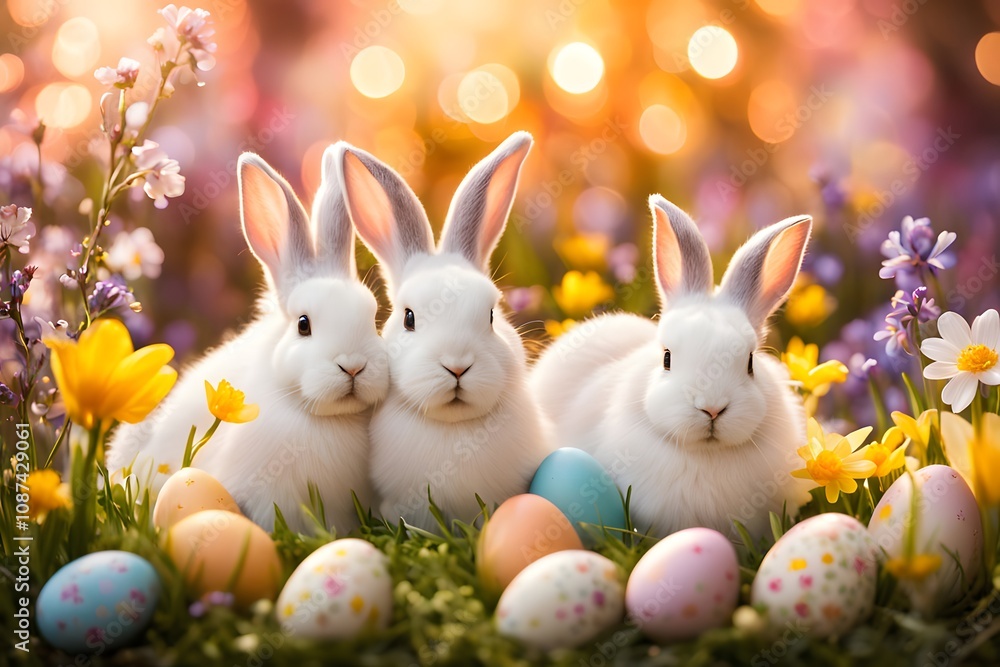 A whimsical easter scene with bunnies and eggs surrounded by spring flowers, Ai Generated A whimsical easter scene with bunnies and eggs surrounded by spring flowers, Ai Generated