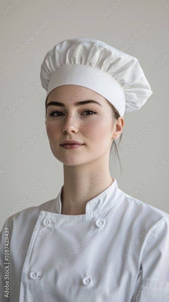Portrait of a chef, wearing a professional chef’s uniform and hat, minimal makeup, serious but confident expression, white background Portrait of a chef, wearing a professional chef’s uniform and hat, minimal makeup, serious but confident expression, white background