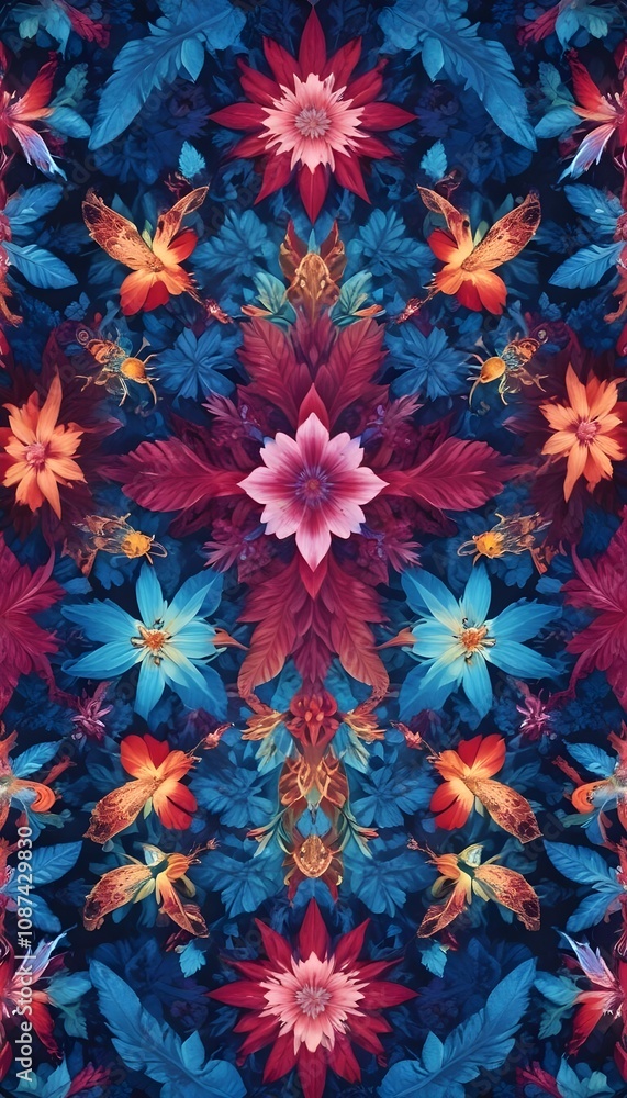 Tropical exotic pattern with animal and flowers in bright colors and lush vegetation Tropical exotic pattern with animal and flowers in bright colors and lush vegetation