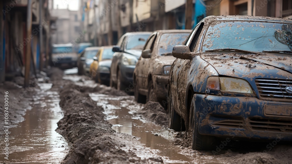 Urban aftermath of flood disaster with mud covered vehicles on street Urban aftermath of flood disaster with mud covered vehicles on street