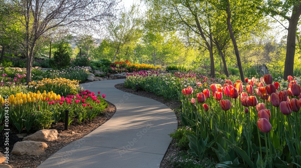 Fototapeta premium Serene Winding Path Through Blooming Flower Park