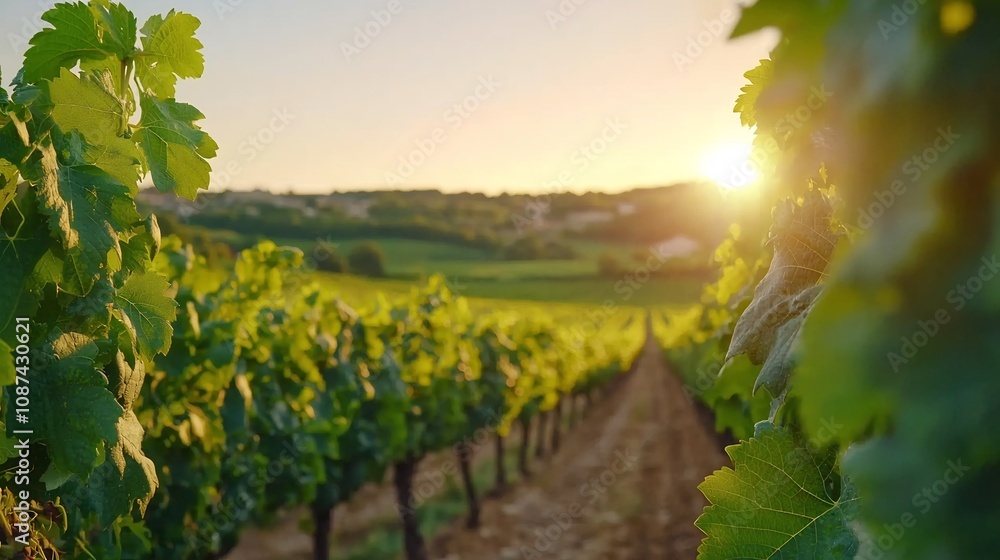 Naklejka premium Lush verdant organic vineyard with thriving eco friendly grape vines bathed in the warm glow of natural sunlight A scenic