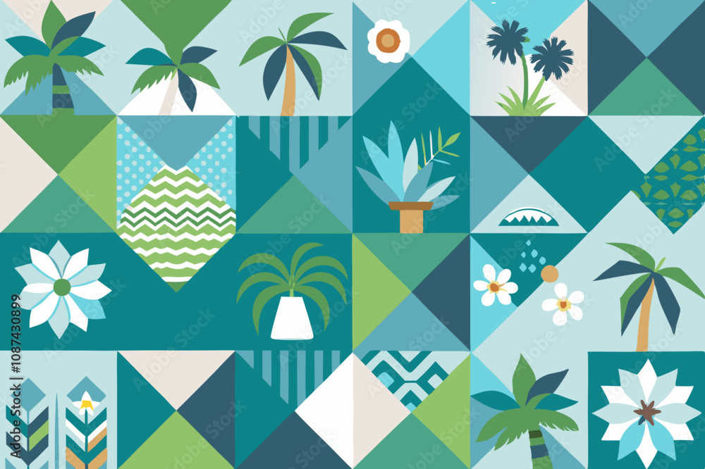 Retro Hand-Drawn Tropical Summer Seamless Pattern with Geometric Patchwork and Exotic Jungle Palm Tree Mosaic Retro Hand-Drawn Tropical Summer Seamless Pattern with Geometric Patchwork and Exotic Jungle Palm Tree Mosaic