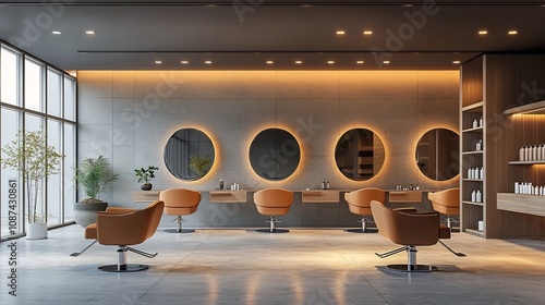 Luxurious Hair Salon Interior with Sleek Chairs Mirrors and Ambient Lighting Capturing a Chic and Professional Atmosphere for High End Clientele