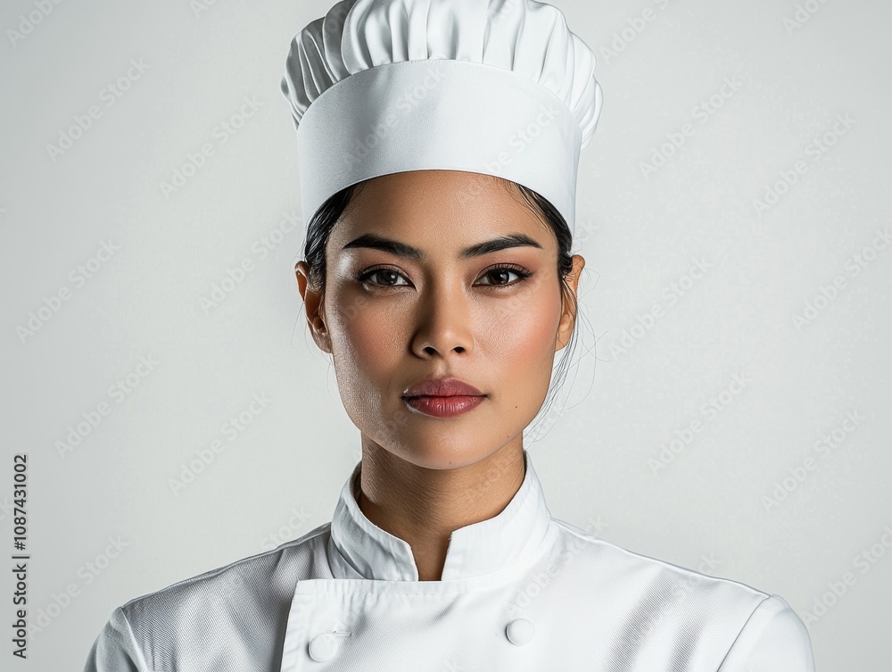 Portrait of a chef, wearing a professional chef’s uniform and hat, minimal makeup, serious but confident expression, white background Portrait of a chef, wearing a professional chef’s uniform and hat, minimal makeup, serious but confident expression, white background