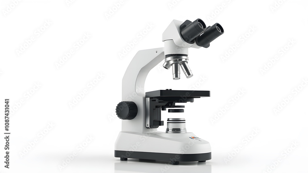 White microscope on table, microscope on white background. White microscope on table, microscope on white background.