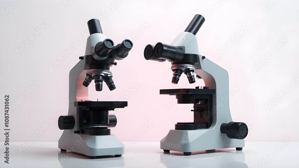 White microscopes on table, microscope on white background. White microscopes on table, microscope on white background.