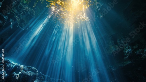 Sunbeams shine through the surface of the water in a dark underwater cave.