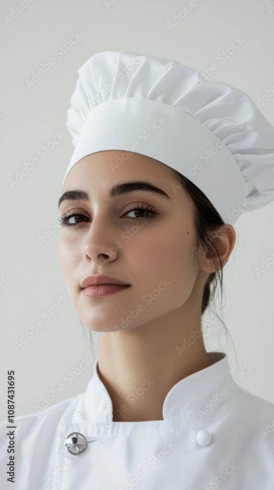 Portrait of a chef, wearing a professional chef’s uniform and hat, minimal makeup, serious but confident expression, white background Portrait of a chef, wearing a professional chef’s uniform and hat, minimal makeup, serious but confident expression, white background