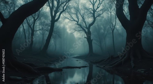 Mysterious foggy forest at dawn