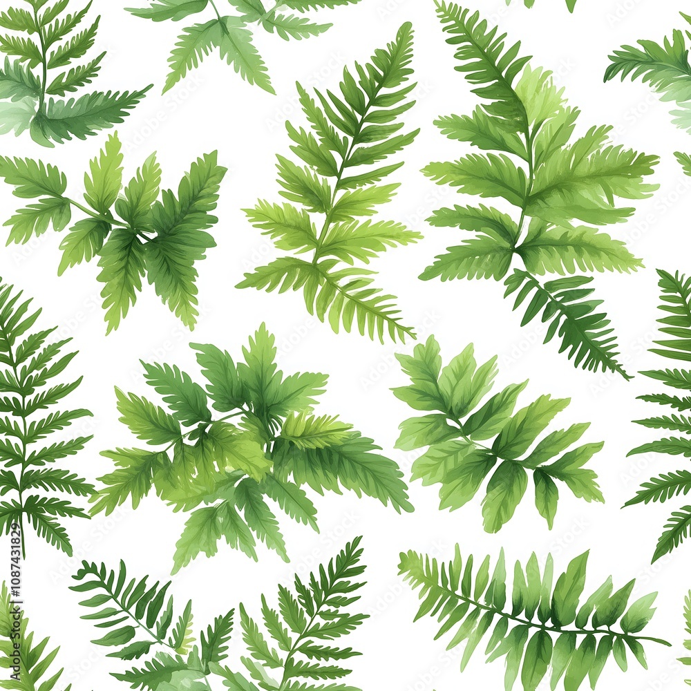 A watercolor-style pattern of lush green ferns, showcasing the delicate beauty of these plants. A watercolor-style pattern of lush green ferns, showcasing the delicate beauty of these plants.