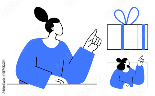 Woman pointing at a large gift box with blue ribbon. Ideal for holiday promotions, gift ideas, celebrations, party invitations, marketing materials, social media graphics, and customer rewards. Line