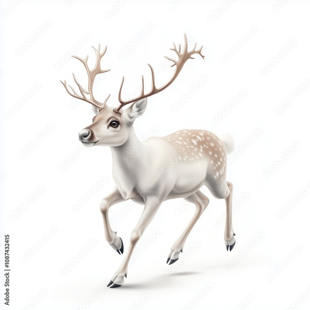 A reindeer running, its body in full motion, isolated on a white background A reindeer running, its body in full motion, isolated on a white background