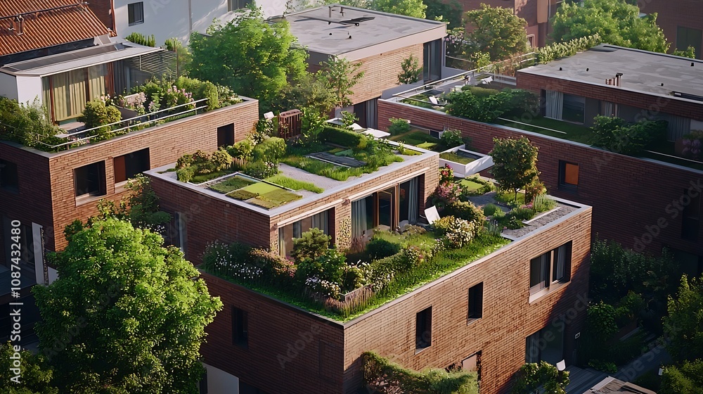 Fototapeta premium Sustainable Residential Area with Geothermal Heating and Rooftop Gardens A modern eco friendly community demonstrating green infrastructure and renewable energy solutions for urban living