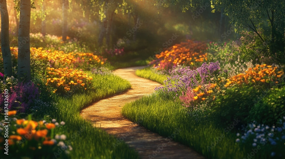 Serene Winding Pathway Through Colorful Garden Serene Winding Pathway Through Colorful Garden