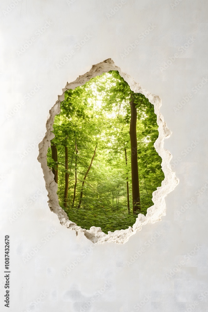 Hole on a white wall looking at the bright sunny forest. Mental health, state of mind, getaway concept.