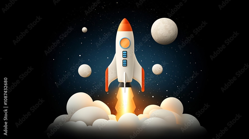 Naklejka premium Minimalist flat design of a sleek stylized spaceship or rocket orbiting the crescent moon against a dark starry cosmic background with simple