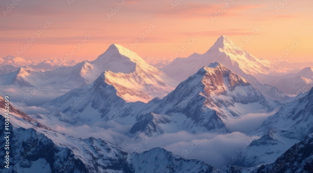 Majestic snow-capped mountains at dusk Majestic snow-capped mountains at dusk