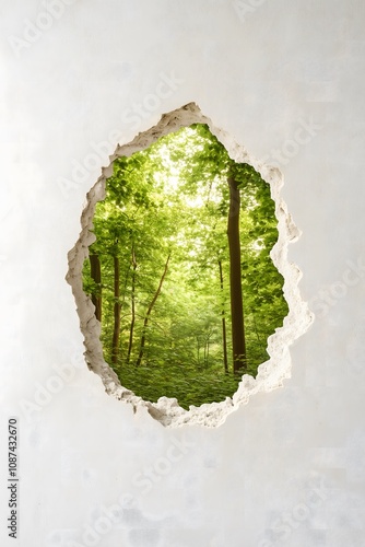 Obraz na płótnie Hole on a white wall looking at the bright sunny forest. Mental health, state of mind, getaway concept. w salonie