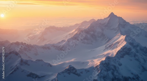 Breathtaking snowy mountain landscape at sunrise