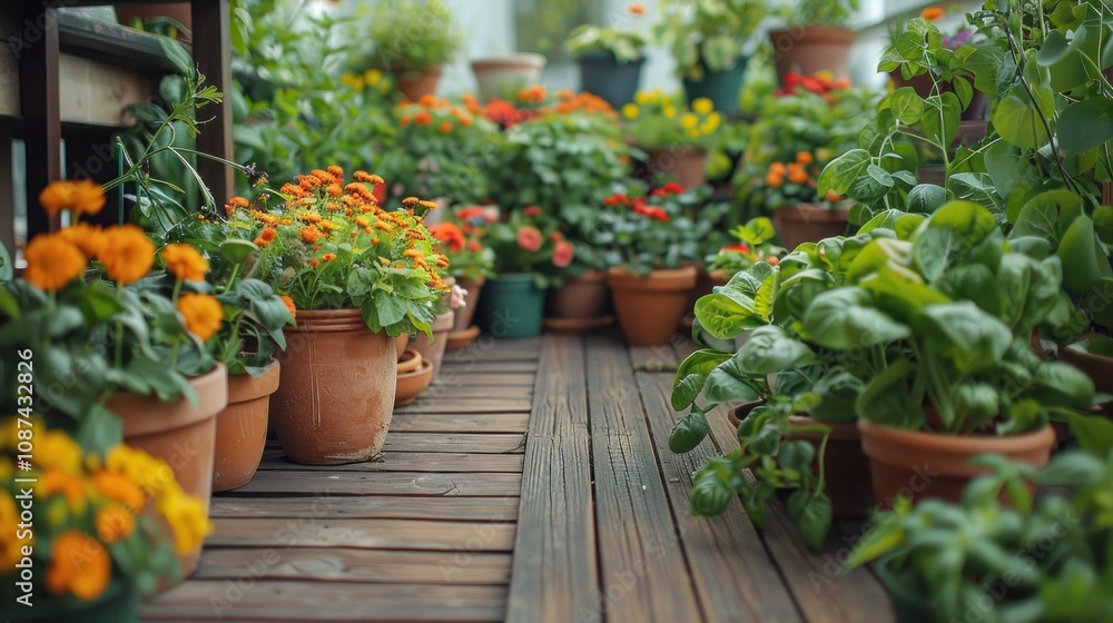 Fototapeta premium A wooden deck lined with terracotta pots overflowing with vibrant orange and green plants.