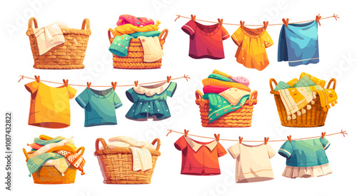 laundry in wicker basket. clean hanging clothes on rope cartoon set, washing clothes towels t-shirts dress vector illustration