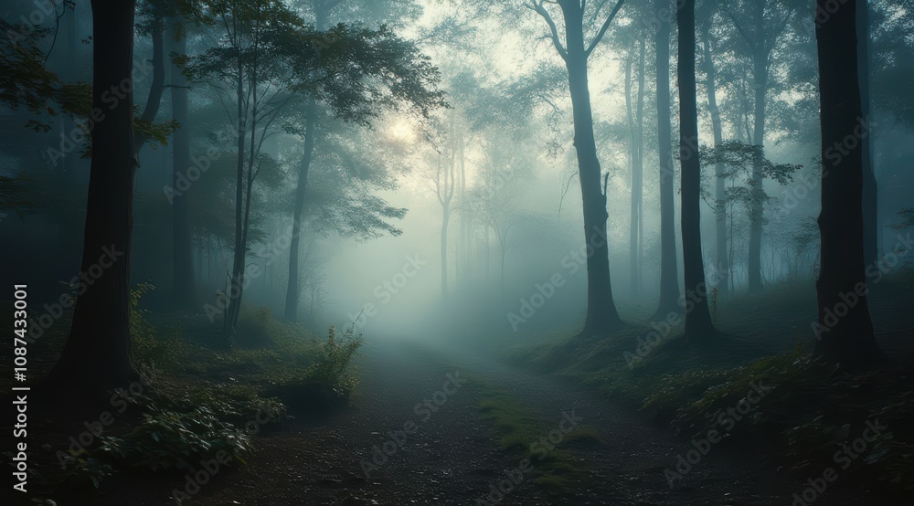 Mysterious fog enveloping a forest path Mysterious fog enveloping a forest path