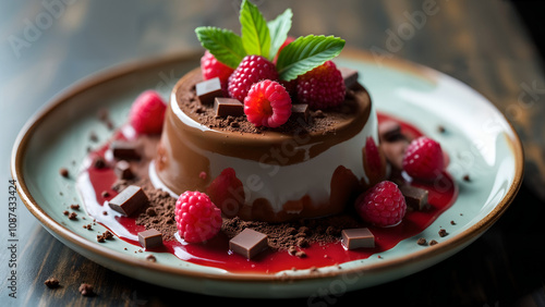 An Exquisite Presentation of Chocolate Panna Cotta with Raspberry Jelly Topped with Fresh Raspberries and Gourmet Chocolate Pieces