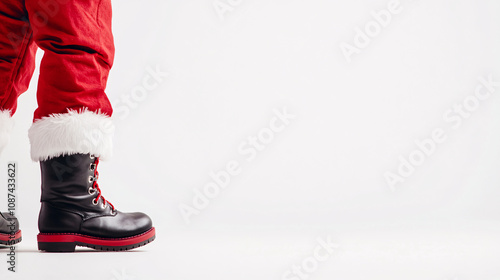 Santa Clausâ€™s legs are the focal point, captured in a standing pose with red pants and soft white fur trim. The polished black boots anchor the scene, while the plain white background ensures a