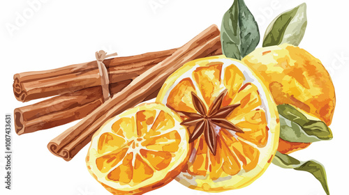 Vibrant Watercolor Illustration of Cinnamon Sticks and Orange Fruit Slices