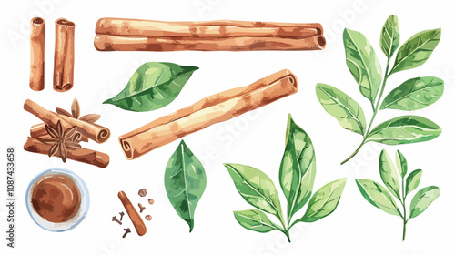 Exquisite Watercolor Illustration of Cinnamon Sticks and Tea Leaves