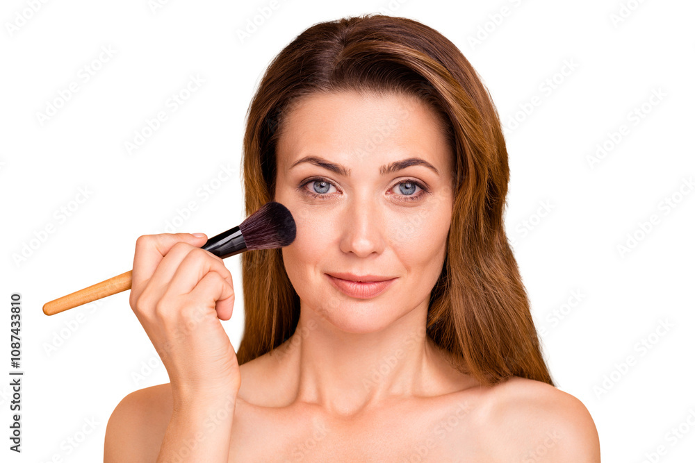 Close up photo beautiful amazing mature she her lady nude no clothes love make visage use new brush stand mirror glad result satisfied look younger going romantic date isolated pastel beige background Close up photo beautiful amazing mature she her lady nude no clothes love make visage use new brush stand mirror glad result satisfied look younger going romantic date isolated pastel beige background