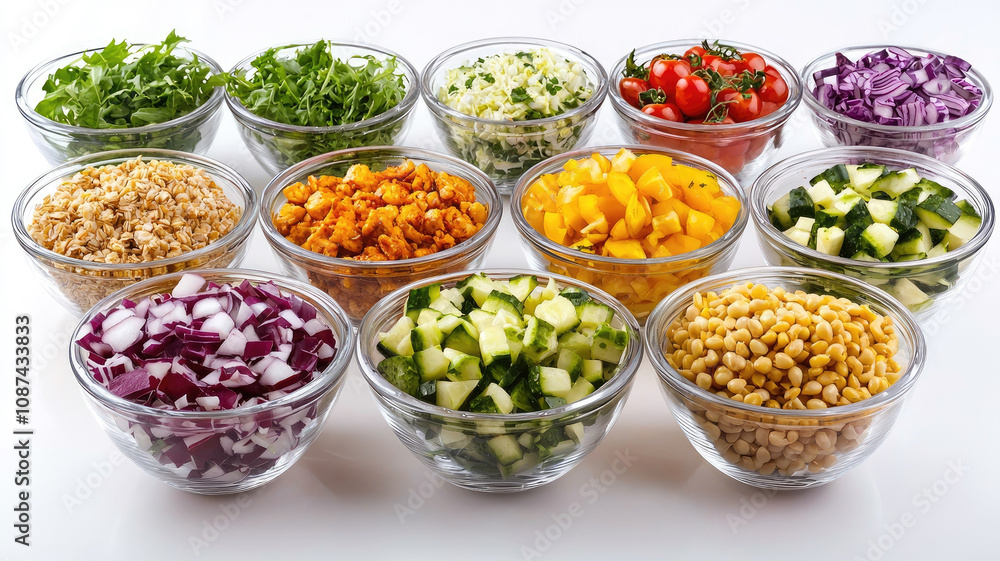 Fresh salads in bowls with vibrant vegetables and grains Fresh salads in bowls with vibrant vegetables and grains