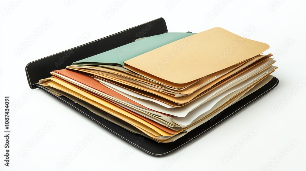 Open document folder with assorted paperwork, isolated on white with space for promotional or informative text. Open document folder with assorted paperwork, isolated on white with space for promotional or informative text.