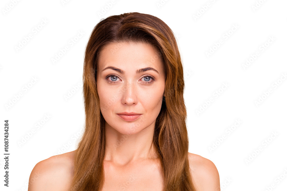 Close up photo beautiful amazing mature she her lady confidently look camera self-confident after salon spa procedures aesthetic pretty ideal appearance wear nothing isolated pastel beige background Close up photo beautiful amazing mature she her lady confidently look camera self-confident after salon spa procedures aesthetic pretty ideal appearance wear nothing isolated pastel beige background