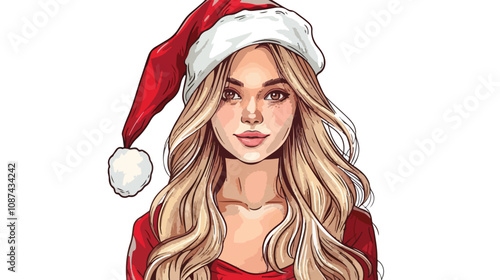 Christmas Illustration of Beautiful Girl in Santa Costume