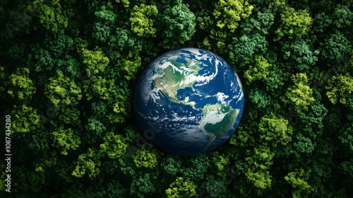 Green trees surrounding Earth, emphasizing the importance of environmental protection and climate action.