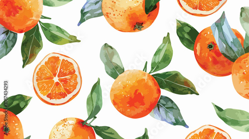 Christmas Seamless Pattern with Orange Mandarin Fruit Handdrawn Illustration