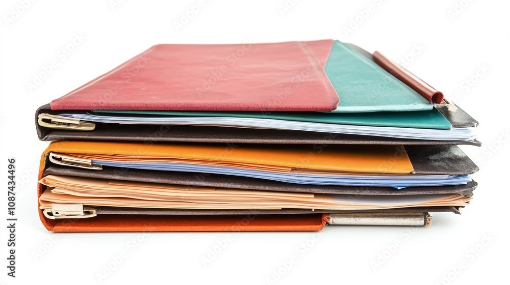 Organized document folder with visible paperwork, isolated on white with space for additional graphics. Organized document folder with visible paperwork, isolated on white with space for additional graphics.