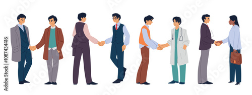 Doctor and patient. Man and woman hospital characters, hand shake of senior health care occupation, people in office or clinic. Therapist consult in hospital. Vector cartoon flat illustration