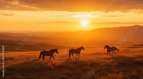 Silhouetted horses at sunset