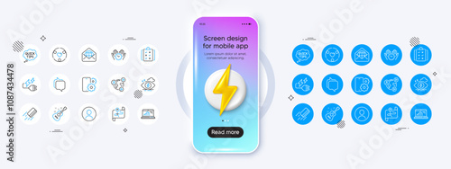 Rule, Messenger and Inclusion line icons. Phone mockup with 3d energy icon. Pack of Headshot, Video conference, Electricity plug icon. Web mail, Graph laptop, Map pictogram. Vector